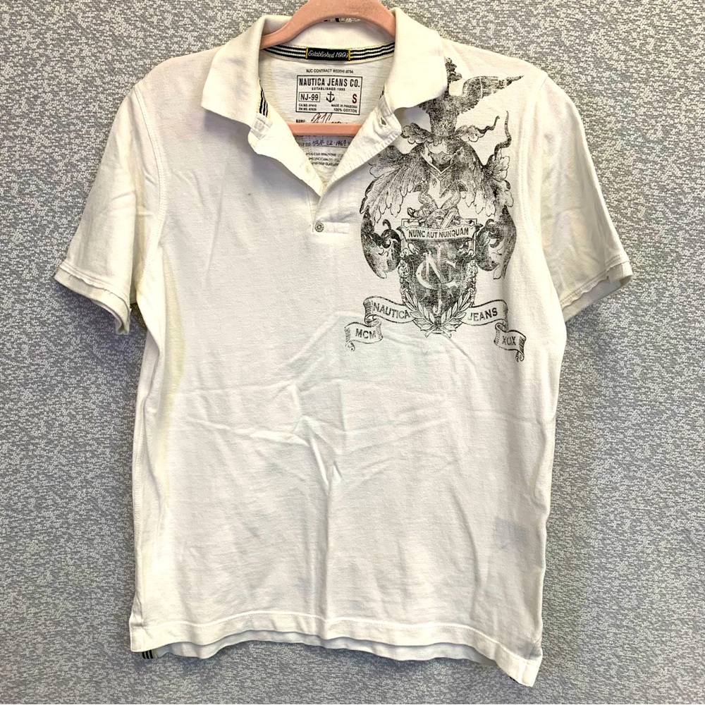 NAUTICA JEANS CO Men's White Short Sleeve 100% Cotton Polo Shirt Small #976